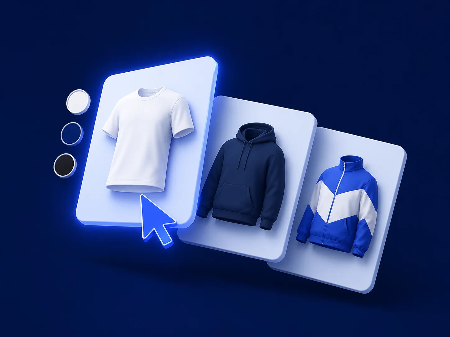 Ilustração: cartões de produto com camiseta, moletom e corta-vento, com um cursor escolhendo a camiseta