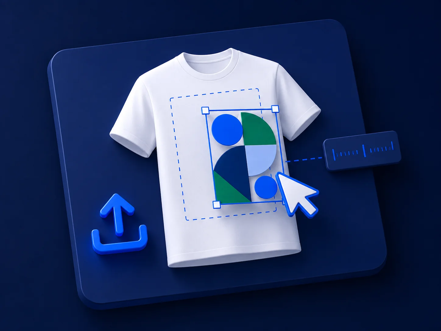 Ilustração: camiseta com área de impressão tracejada e uma arte sendo posicionada com medida em régua
