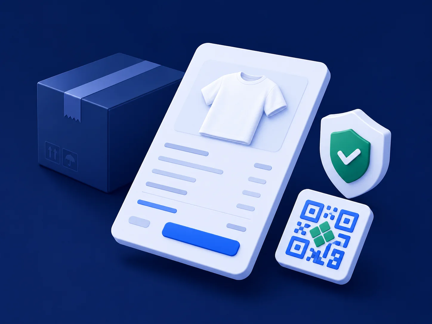 Ilustração: resumo do pedido com selo de pagamento protegido, QR code de Pix e caixa pronta para envio